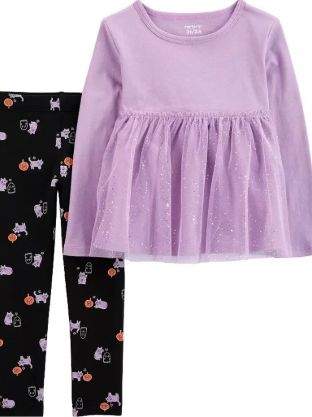 Carter's Lavender Tulle Peplum Top & Black Halloween Print Leggings Set